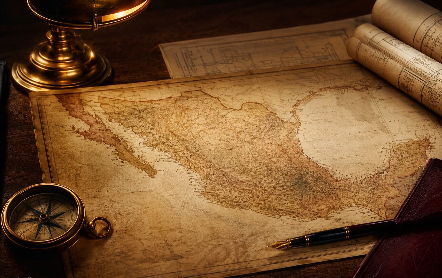 Mapa antiguo de México sobre un escritorio con brújula, pluma fuente y planos arquitectónicos